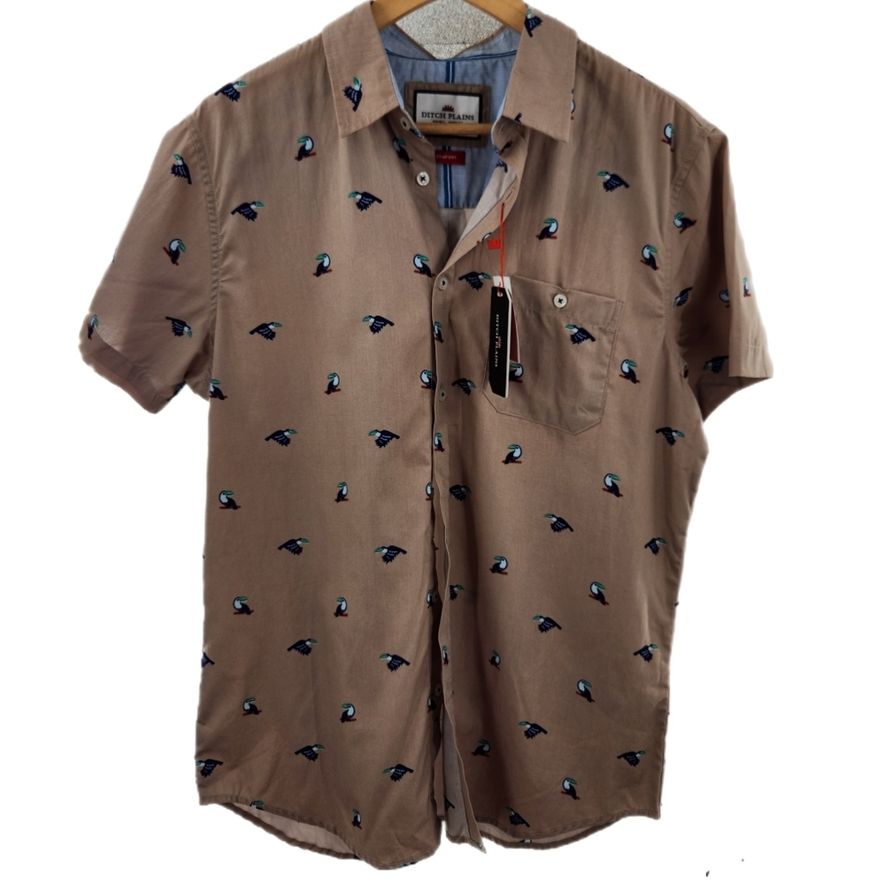 Ditch Plains Tan Short-Sleeve Button-Down Shirt with Toucan Print